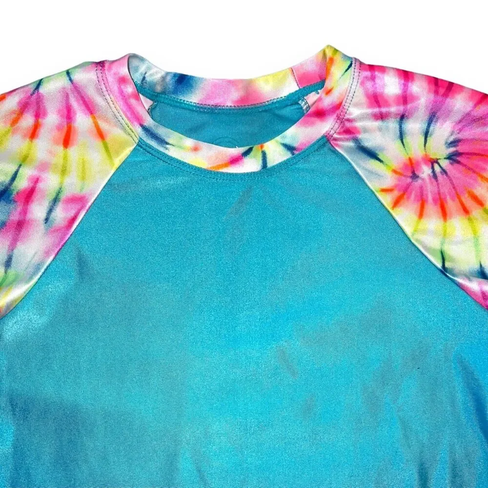 Wonder Nation Girls Rash Guard Swimsuit Top Shirt Long Sleeves Tie Dye Medium